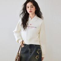 立体字母短款卫衣女2024年春秋星星宽松圆领白色内搭上衣