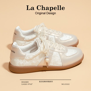 La Chapelle 加绒德训鞋女2024新款秋冬季绣花国风休闲鞋运动小白板鞋