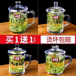 青苹果玻璃杯透明带盖办公家用茶饮杯盖杯带把杯子家用玻璃茶杯