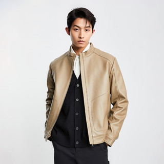 杰克·琼斯（JACK&JONES）春秋季男士衣服时尚百搭皮衣纯色立领夹克外套男装223410002 E11卡其色 175/96A/M