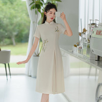 秀觀唐 金兰2024夏季日常绣花拼蕾丝新中式改良国风旗袍连衣裙 米白色 S