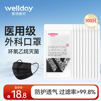 移动端、京东百亿补贴：WELLDAY 维德 一次性医用外科口罩 10片*10包 黑色 中号