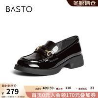 BASTO 百思图 2024秋季简约金属扣学院风乐福鞋粗跟女单鞋S5613CA4 黑色 34