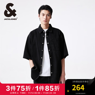 杰克琼斯 杰克·琼斯（JACK&JONES）夏宽松版型翻领领口简约时尚深灰牛仔衬衫短袖外套男装224259002 深灰牛仔 常规 180/100A/L