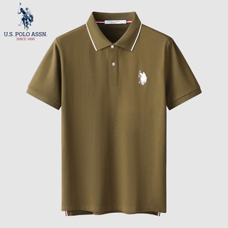 U.S. POLO ASSN. 保罗polo衫男条纹短袖男夏季商务休闲男士半袖宽松上衣男 军绿 JC-6202104410 XL