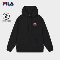 FILA 斐乐 官方情侣款连帽卫衣2025春季新款撞色刺绣宽松针织上衣 正黑色-BK XS