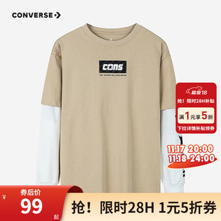 CONVERSE 匡威 童装男童纯棉长袖T恤2024春秋新款假两件儿童休闲长T上衣 燕麦色 150/72