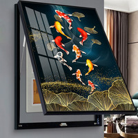 忆画 电表箱装饰画晶瓷画免打孔竖版铝合金画框餐厅电闸箱挂画液压上翻配电箱画客厅遮挡画现代简约弱电箱竖款 九鱼送福B 50