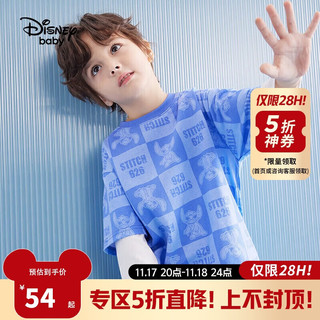 Disney 迪士尼 童装儿童针织假两件长袖T恤打底衫上衣24春秋DB311AA08蓝140 史迪奇方格-男女