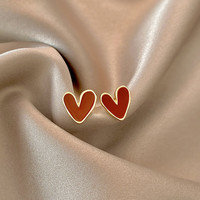 Trendollas925银韩国贝母耳钉高级感轻奢法式耳环气质小众设计 红色滴油爱心耳钉