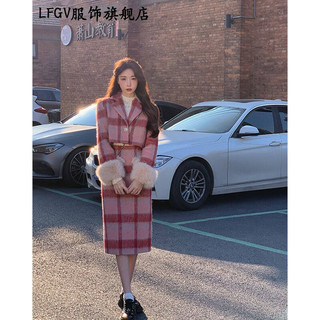 LFGV 小香风套装裙女秋冬温柔风格子毛呢外套拼接毛毛半身裙 黑色短裙单件 S80-95斤