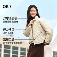 Semir 森马 棉服女灯芯绒翻领菱形格复古时尚2024冬三防宽松轻薄棉衣