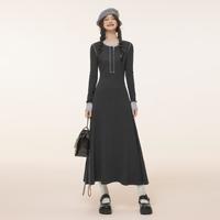 长款连衣裙女2024秋冬复古学院风撞色刺绣长裙百搭圆领伞裙