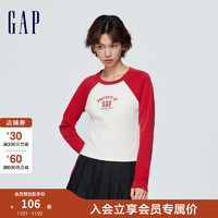 Gap 盖璞 女装春秋2024新款LOGO学院风修身长袖T恤873874洋气休闲上衣 红白撞色 165/84A(M)亚洲尺码