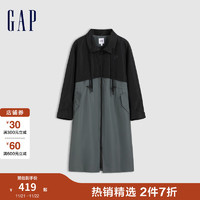 Gap 盖璞 女装2024秋季防泼水印花logo撞色拼接翻领长款外套639499 草绿拼接 155/76A(XS) 亚洲尺码