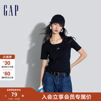 Gap 盖璞 女装2024夏季亲肤柔软logo镂空方领短袖T恤多色上衣890006 黑色 165/84A(M) 亚洲尺码