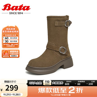 Bata 拔佳 时装靴女2024冬季牛剖皮通勤百搭粗跟中筒靴X1... 棕色 40