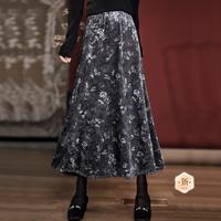 【中式风水墨印花半身裙】2024秋冬新女士松紧腰a字中长裙