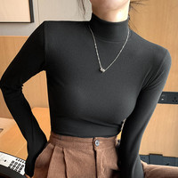 FOURDATRY针织半高领打底衫女秋冬内搭黑白色秋衣洋气中领套头长袖上衣 黑色 L 95到115斤