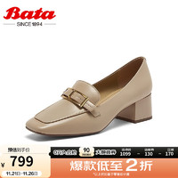 Bata 拔佳 乐福鞋女2024秋季商场牛皮粗跟鞋RED LABEL红标91068 杏色 36