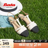 Bata 拔佳 包头凉鞋女夏新款小香风通勤羊皮舒适编织玛丽珍AXQ01BL3 米白/黑 38