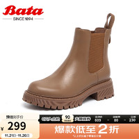 Bata 拔佳 切尔西靴女冬商场新款英伦风牛皮粗跟通勤短筒靴38058DD3 棕色-单里 38