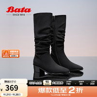 Bata 拔佳 堆堆靴2024女冬季新款英伦西部粗跟百搭显瘦长筒靴53561DG4 黑色 37