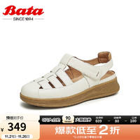 Bata 拔佳 包头凉鞋女2024夏季商场时尚牛皮复古丁字罗马鞋WRVC5BH4 米白 37