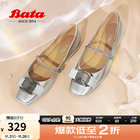 Bata 拔佳 浅口单鞋女2024秋季羊皮通勤人鱼芭蕾舞鞋玛丽珍3C121CQ4 银色 39