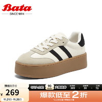 Bata 拔佳 休闲鞋女2024春季通勤百搭德训运动厚底板鞋57981AM4 米白/灰/黑 38