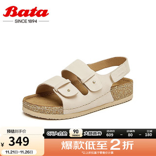 Bata 拔佳 休闲凉鞋女2024夏季商场英伦风牛皮舒适勃肯凉鞋AYR19BL4 米色 39