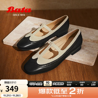 Bata 拔佳 玛丽珍小红鞋女2024秋季新款复古羊皮软底浅口单鞋53131CQ4 黑/米白 37