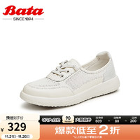 Bata 拔佳 休闲鞋女2024夏商场牛皮厚底透气通勤网面透气运动鞋WRV90BA4 米白 38