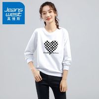 百亿补贴：JEANSWEST 真维斯 圆领卫衣女2024年春秋款白色纯棉套头纯色时尚休闲印花上衣