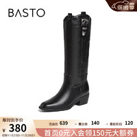 BASTO 百思图 2024冬季时尚户外街头潮流骑士靴粗跟女长靴A5063DG4 黑色 34