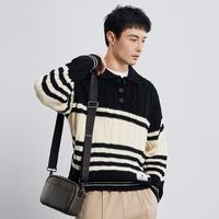 GIXX秋冬长袖套头翻领上衣休闲百搭日常简约拼色针织毛衣男
