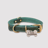 KAMPET 卡萌 狗狗牛皮狗项圈狗圈颈圈中型犬大型犬拉布拉多狗脖圈狗脖套定制激光刻字宠物身份牌阿拉斯加法斗小型犬 绿色狗项圈+不锈钢骨头狗牌 超大3.5(脖围51-66Cm