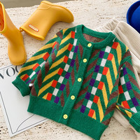 哈利城堡 儿童毛衣2024春秋新款INS风彩色格子圣诞毛衣男女童韩版开衫毛衣