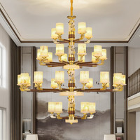 佐灯奴 全铜新中式客厅灯实木天然玉石别墅大气跃层中空复式楼梯长吊灯具 35头 配三色LED灯泡