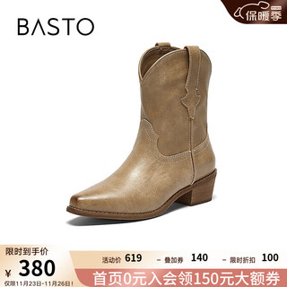 BASTO 百思图 2024冬季时尚复古街头牛仔西部靴粗跟女中靴A6906DZ4 杏色 38