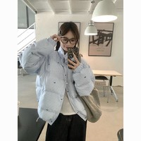 蓝旗 2024新款条纹蝴蝶结棉服外套女冬季棉衣面包服韩系加厚小棉袄