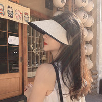 戴发 日式大檐遮阳帽女防晒草帽夏季骑车防紫外线遮脸黑胶空顶太阳帽子