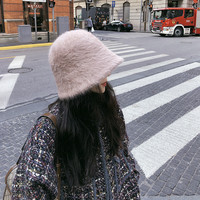 戴发 太美啦~兔毛水桶帽子女韩版秋冬保暖盆帽 日系复古百搭遮脸渔夫帽