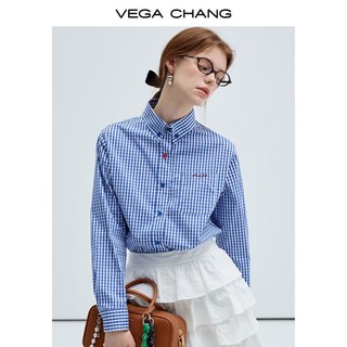 VEGA CHANG 蓝色格子衬衫女2024年秋季新款文艺复古学院风长袖上衣