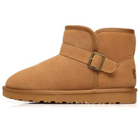 FOURDATRY雪地靴女冬季平底短筒东北棉鞋男加绒加厚防水保暖真皮雪地鞋 5857/栗色 36