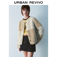 URBAN REVIVO UR2024冬季新款女装温柔气质拼色格子宽松毛绒外套UYU140039