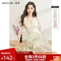 WESTLINK 西遇 法式碎花连衣裙女2024年夏季新款温柔甜美芭蕾风粉色仙女裙 绿色 M