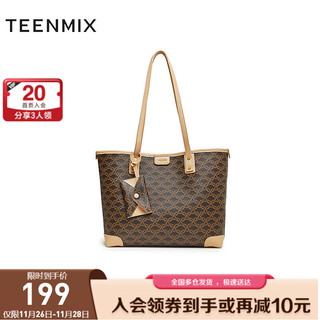 TEENMIX 天美意 包包女包商场同款复古通勤百搭老花托特包女2023冬X2717DX3 深啡 F