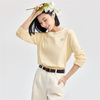 佐丹奴长袖T恤女纯棉打底衫甜美花朵刺绣圆领套头衫13324792 01 杏色 L