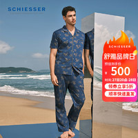 SCHIESSER 舒雅 男士黑牌80S丝光纯棉印花御印系列睡衣家居服套装E9/22858H 孔雀蓝 XXL